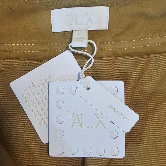 Le' AL.X Size L Large Suede Mini Skirt in Camel w/ White Stitching NWT $259 L817 - Picture 3 of 7